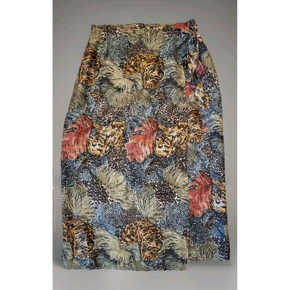 Vtg 100% Silk Dark Jungle Cheetah Faux Wrap Maxi Skirt The Avenue Sz 14 - Picture 1 of 8